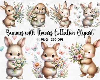 Watercolor Bunnies with Flowers Clipart, 11 PNG Bunny Clipart, Cute Bunny Clipart, Spring Bunnies Clipart, Floral Clipart, Commercial Use