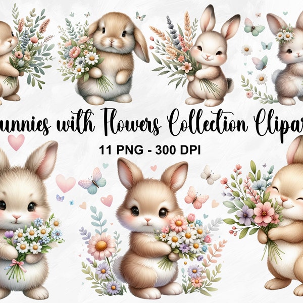 Watercolor Bunnies with Flowers Clipart, 11 PNG Bunny Clipart, Cute Bunny Clipart, Spring Bunnies Clipart, Floral Clipart, Commercial Use