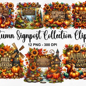 Coleção de placas de sinalização de outono em aquarela Clipart, 12 PNG Clipart de abóbora, Clipart de outono, Clipart de outono aconchegante, Outono cottagecore, Uso comercial