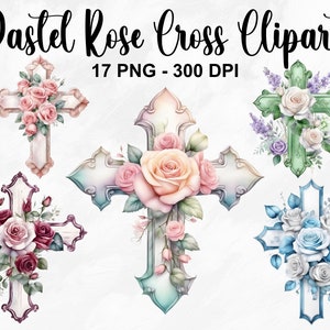 Aquarel Pastel Rose Cross Collection Clipart, 17 PNG Floral Crucifix Clipart, Cross Clipart Bundel, Easter Crucifix PNG, Commercieel Gebruik