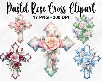 Acquerello pastello Rose Cross Collection Clipart, 17 PNG Floral Crucifix Clipart, Cross Clipart Bundle, Easter Crucifix PNG, Uso commerciale