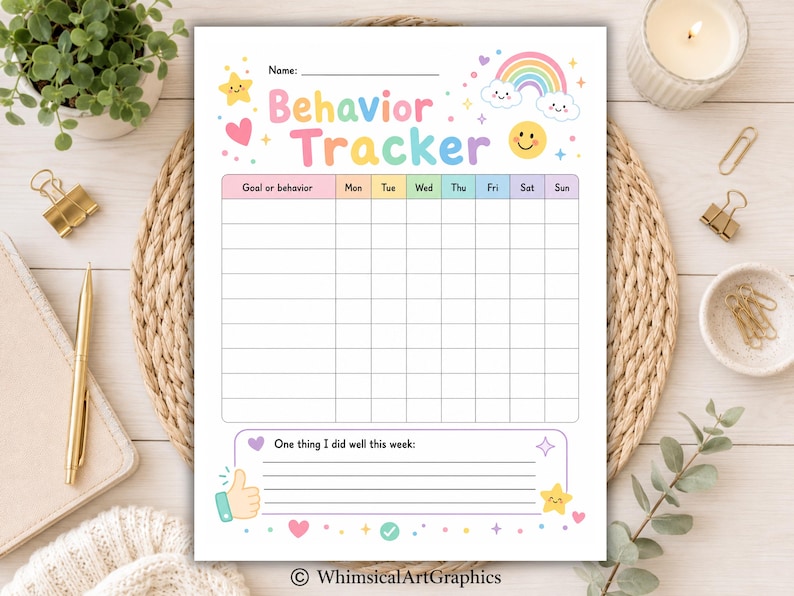 May include: A white behavior tracker chart featuring pastel-colored text, a rainbow, a smiling sun, and stars. The grid includes columns for days of the week and a section for goals. At the bottom, a section reads, One thing I did well this week.