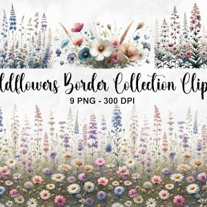 Clipart de coleção de borda de flores silvestres em aquarela, 9 clipart de flores silvestres PNG, borda floral, borda pré-fabricada, flores silvestres pastel, uso comercial