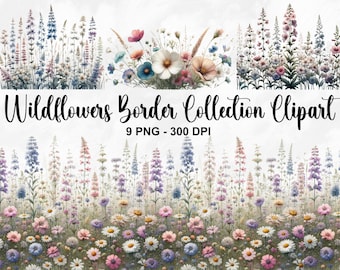 Imágenes prediseñadas de la colección de bordes de flores silvestres de acuarela, 9 imágenes prediseñadas de flores silvestres PNG, borde floral, borde prefabricado, flores silvestres pastel, uso comercial