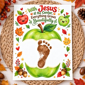 May include: A white rectangular print featuring a brown footprint in the center of a large green apple illustration. The text reads With Jesus at the Center, Everything Grows Beautifully, surrounded by small red and green apples and autumn leaves.