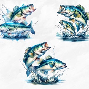 May include: Three watercolor illustrations of bass fish jumping out of the water. The fish are blue, green, and white with splashes of water around them.