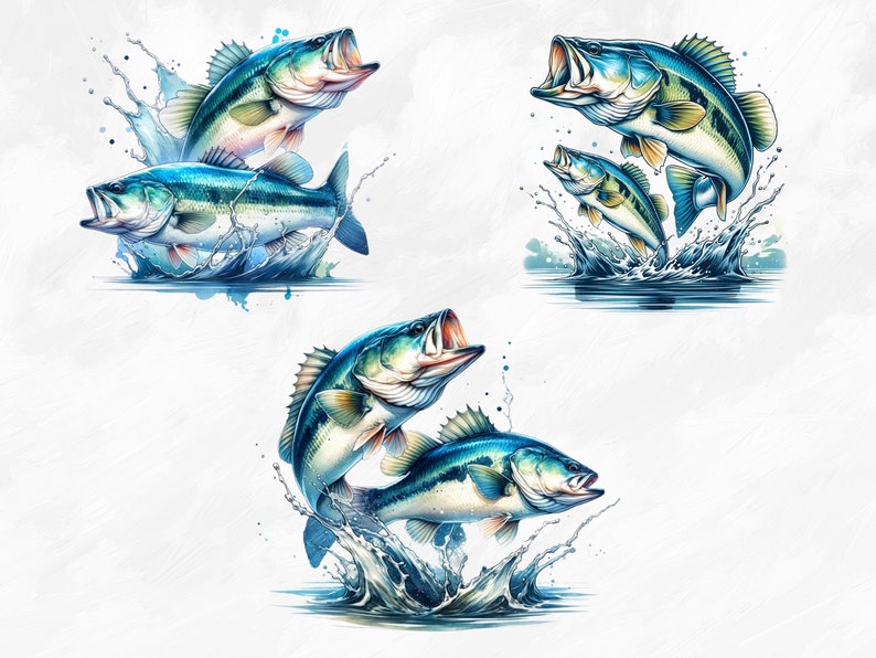 May include: Three watercolor illustrations of bass fish jumping out of the water. The fish are blue, green, and white with splashes of water around them.