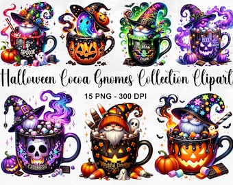 Puede incluir: Una colección de 15 imágenes de clipart digital que representan gnomos de Halloween en varias poses, cada uno sosteniendo una taza de chocolate caliente decorada con temas de Halloween. Las tazas tienen forma de calabazas y presentan detalles espeluznantes como fantasmas, murciélagos y maíz dulce. Los gnomos llevan sombreros coloridos y tienen expresiones caprichosas.