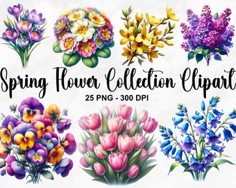 May include: A collection of 25 spring flower clipart images. The images feature a variety of flowers, including crocuses, primroses, forsythia, lilacs, pansies, tulips, and bluebells. The images are in a vintage style and are perfect for use in digital scrapbooking, card making, and other craft projects.