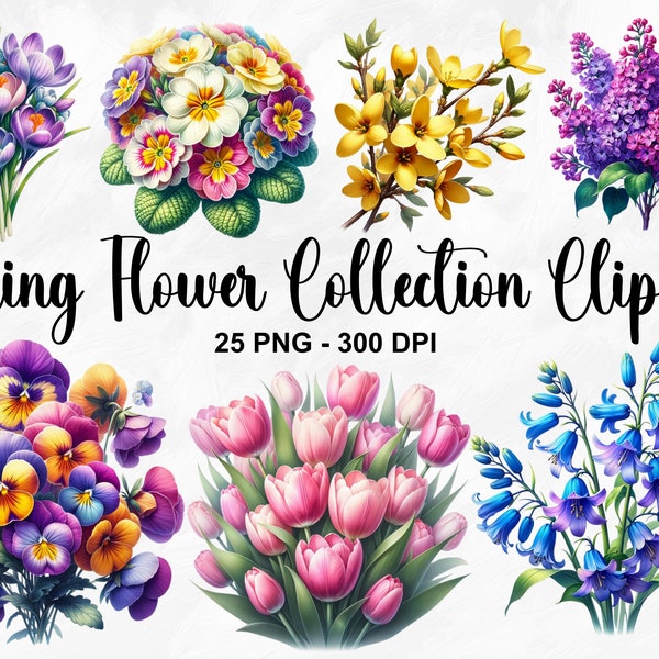 Watercolor Spring Flower Collection Clipart, 25 PNG Floral Clipart, Springtime Flower Illustrations, Floral Spring Bundle, Commercial Use