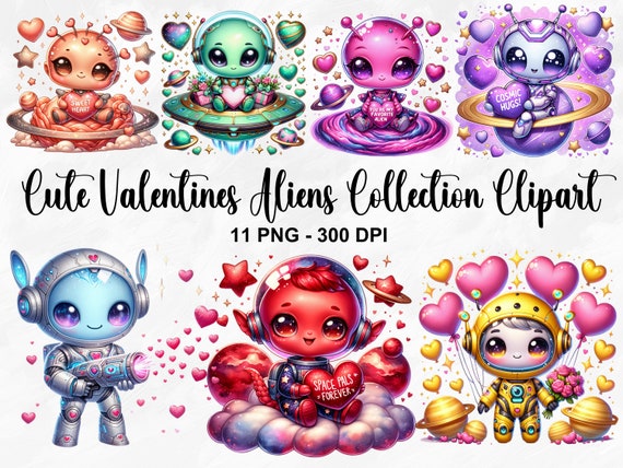 Watercolor Cute Valentines Aliens Clipart, 11 PNG Valentines Day Clipart, Cute Alien Clipart, Space Clipart, Spiral Galaxy, Commercial Use