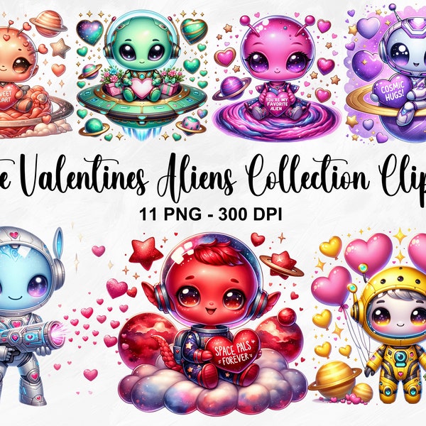 Watercolor Cute Valentines Aliens Clipart, 11 PNG Valentines Day Clipart, Cute Alien Clipart, Space Clipart, Spiral Galaxy, Commercial Use