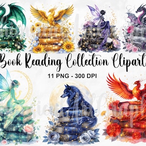 May include: A collection of digital clipart featuring fantasy creatures such as dragons, phoenixes, and fairies atop stacks of books. The illustrations are vibrant, with detailed floral accents and a full moon backdrop in some designs. Text reads "Book Reading Collection Clipart".