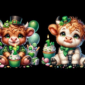 May include: Two adorable cartoon Highland cows wearing green hats and holding cupcakes with candles. The cows are surrounded by green shamrocks, balloons, and candy.