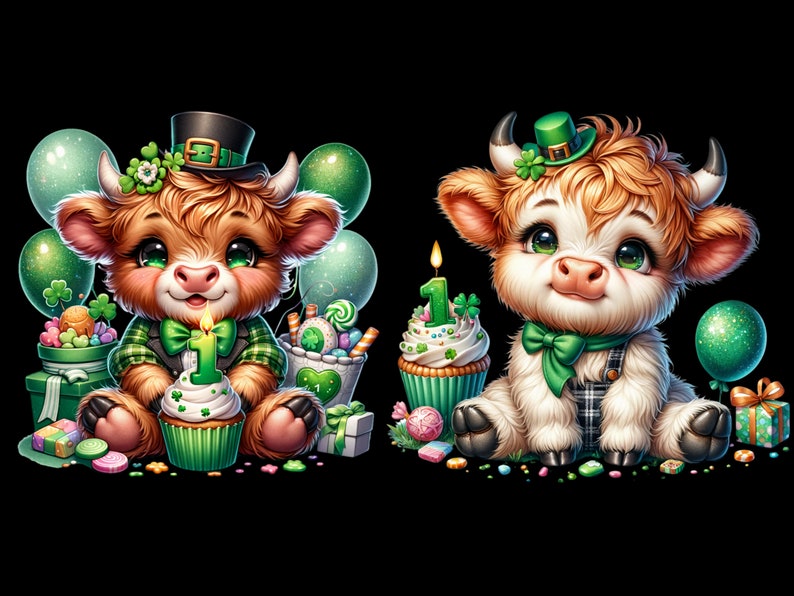 May include: Two adorable cartoon Highland cows wearing green hats and holding cupcakes with candles. The cows are surrounded by green shamrocks, balloons, and candy.