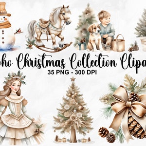 Watercolor Boho Christmas Collection Clipart, 35 PNG Cozy Christmas Clipart, Christmas Clipart Bundle, Boho Christmas PNG, Commercial Use