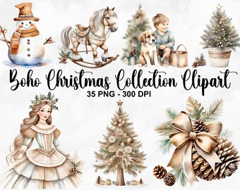 Watercolor Boho Christmas Collection Clipart, 35 PNG Cozy Christmas Clipart, Christmas Clipart Bundle, Boho Christmas PNG, Commercial Use