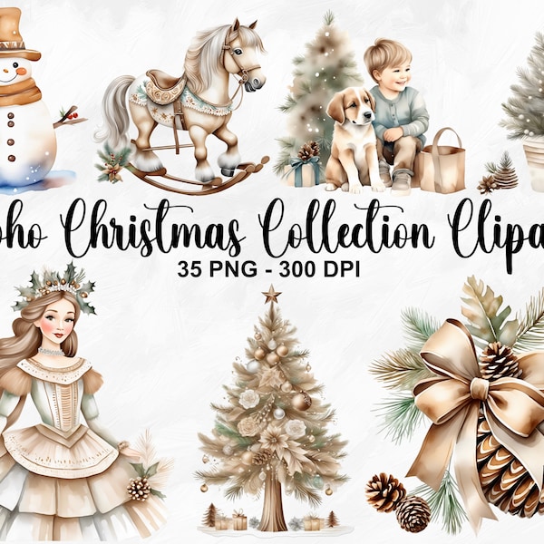 Watercolor Boho Christmas Collection Clipart, 35 PNG Cozy Christmas Clipart, Christmas Clipart Bundle, Boho Christmas PNG, Commercial Use