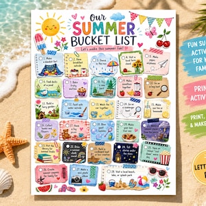 May include: A printable summer bucket list activity sheet featuring the title Our Summer Bucket List and 28 numbered checkboxes with colorful illustrations of seasonal activities like making a blanket fort, visiting a farm, and beach play.