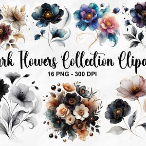 Watercolor Dark Flowers Collection Clipart, 16 PNG Black Flower Clipart, Floral Clipart Bundle, Flower Arrangement Clipart, Commercial Use