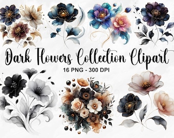 May include: A collection of 16 digital clipart images featuring dark watercolor flowers in various shades of blue, purple, black, and white. The flowers are arranged in bouquets and individual stems, with some featuring gold accents. The text "Dark Flowers Collection Clipart 16 PNG - 300 DPI" is displayed at the top of the image.