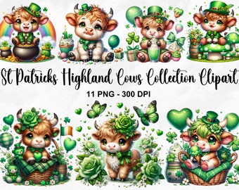 Watercolor St Patricks Highland Cows Clipart, 11 PNG Irish Clipart, Highland Cow Clip Art, St Patricks Day Clover Shamrocks, Commercial Use