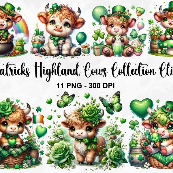 Watercolor St Patricks Highland Cows Clipart, 11 PNG Irish Clipart, Highland Cow Clip Art, St Patricks Day Clover Shamrocks, Commercial Use