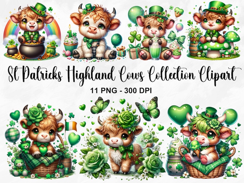 May include: A collection of 11 digital clipart images featuring cute Highland cows dressed in St. Patrick's Day attire. The cows are wearing green hats, shamrock necklaces, and holding various St. Patrick's Day themed items. The images are perfect for creating festive crafts, cards, and other projects.
