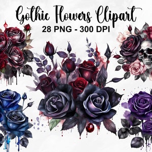 Clipart de flores góticas em aquarela, 28 PNG clipart floral gótico, clipart de rosas góticas, rosas pingando, clipart de fantasia sombria, uso comercial