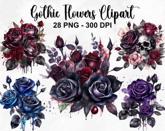 Clipart di fiori gotici dell'acquerello, 28 clipart floreali gotici PNG, clipart di rose gotiche, rose gocciolanti, clipart Dark Fantasy, uso commerciale