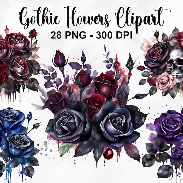 Watercolor Gothic Flowers Clipart, 28 PNG Gothic Floral Clipart, Gothic Roses Clipart, Dripping Roses, Dark Fantasy Clipart, Commercial Use