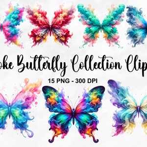 Clipart de coleção de borboleta de fumaça em aquarela, 15 clipart místico PNG, clipart de borboleta de fumaça etérea, borboleta de fumaça, uso comercial
