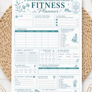 Op de afbeelding: Een wit fitnessplanner-blad met blauwe tekst en illustraties. Secties omvatten datum, fitnessfocus, doelen, trainingsplan, bewegingstracker, waterinname, lichaamscheck, energieniveau, krachttraining-tracker, stappenteller en zelfzorg.