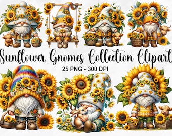 Watercolor Sunflower Gnomes Collection Clipart, 25 PNG Highland Cow Gnomes Clipart, Garden Gnome Clipart, Gnome With Flowers, Commercial Use
