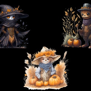 May include: Three whimsical scarecrow figures with autumnal details. The first scarecrow is wearing a black witch's hat and cloak with orange accents. The second scarecrow is wearing a brown hat and a brown scarf. The third scarecrow is wearing a straw hat with a blue scarf and holding pumpkins.