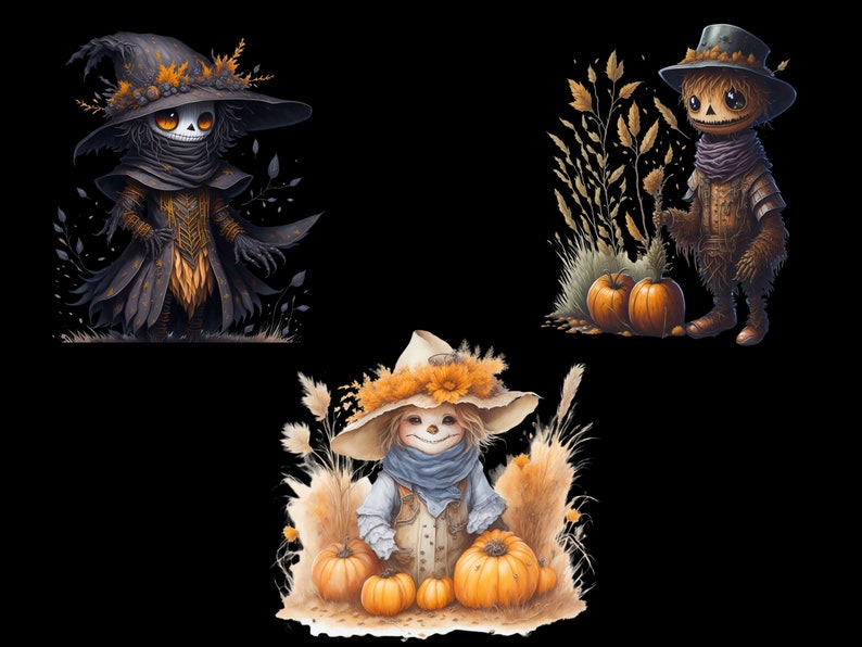 May include: Three whimsical scarecrow figures with autumnal details. The first scarecrow is wearing a black witch's hat and cloak with orange accents. The second scarecrow is wearing a brown hat and a brown scarf. The third scarecrow is wearing a straw hat with a blue scarf and holding pumpkins.