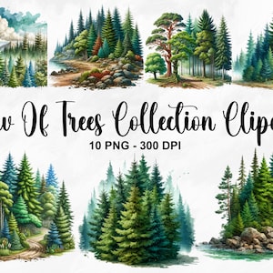 Aquarel rij bomen collectie clipart, 10 PNG zomer bomen clipart, groen clipart, bos clipart, bos boom PNG, commercieel gebruik