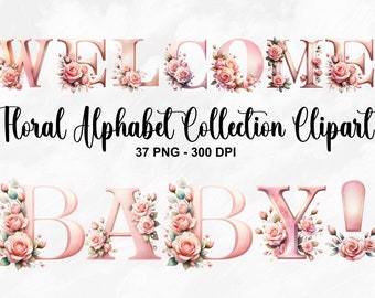 Watercolor Floral Alphabet Collection Clipart, 37 PNG Pink Alphabet Clipart, Baby Milestone Clipart, Pink Flowers Bundle, Commercial Use