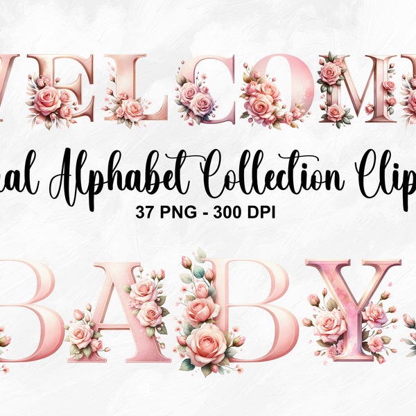 Aquarel bloemen alfabet collectie clipart, 37 PNG roze alfabet clipart, baby mijlpaal clipart, roze bloemen bundel, commercieel gebruik