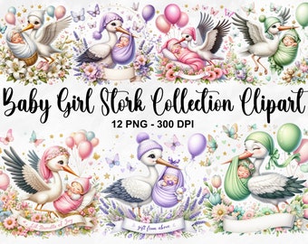 Watercolor Baby Girl Stork Collection Clipart, 12 PNG Stork Baby Girl Clipart, Newborn Baby Girl Clipart, Baby Arrival PNG, Commercial Use