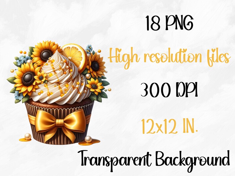 Watercolor Sunflower Cupcakes Collection Clipart, 18 PNG Sunflower Clipart, Cupcake Clipart, Dessert Clipart PNG, Summer PNG, Commercial Use image 8