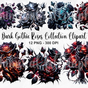 Dark Gothic Roses Clipart Bundle, Moody Floral PNG Set, Black Red Rose Sublimation Design, Vintage Gothic Flowers, Digital Download Files