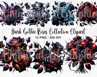Dark Gothic Roses Clipart Bundle, Moody Floral PNG Set, Black Red Rose Sublimation Design, Vintage Gothic Flowers, Digital Download Files