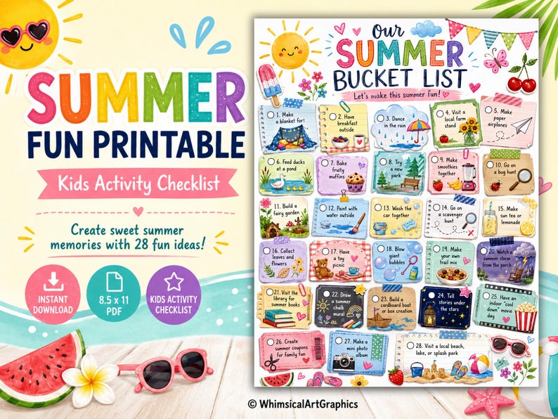 May include: A printable summer bucket list activity checklist for kids featuring 28 numbered tasks with colorful illustrations, including a sun, watermelon, and sunglasses. The text reads Summer Fun Printable Kids Activity Checklist and Our Summer Bucket List.