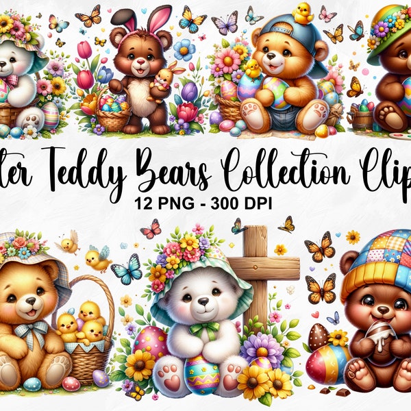 Watercolor Easter Teddy Bears Collection Clipart, 12 PNG Easter Clipart, Spring Flowers Clipart, Cute Baby Bear PNG, Commercial Use