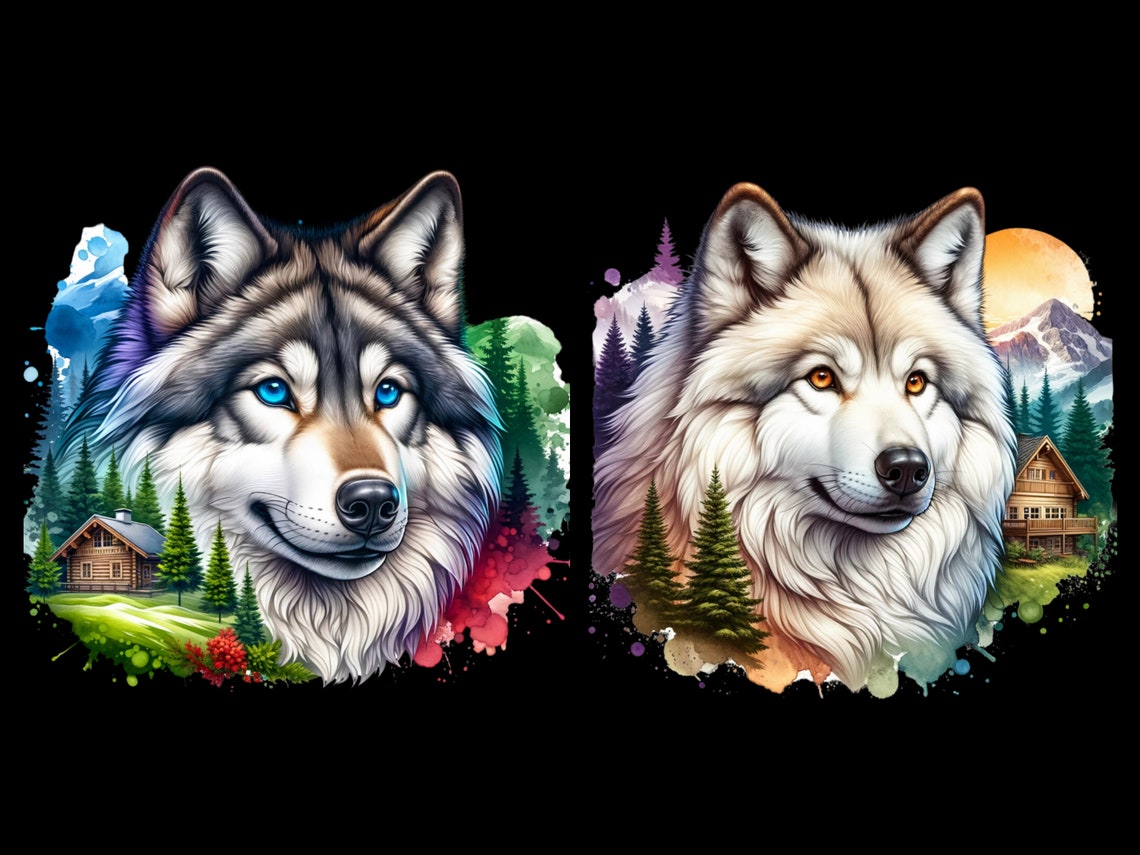 Watercolor Mountain Wolf Collection Clipart, 9 PNG Polar Wolf Clipart ...