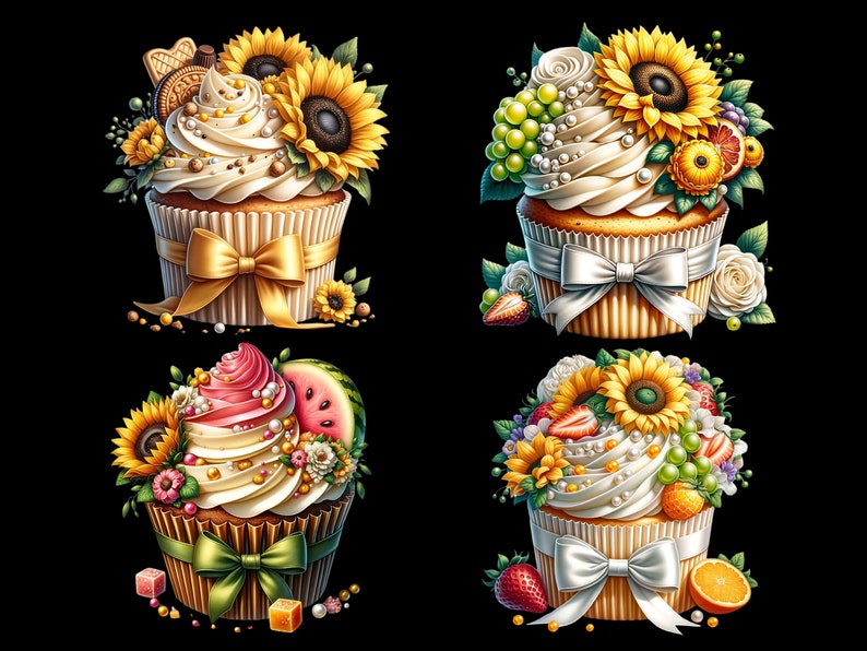 Watercolor Sunflower Cupcakes Collection Clipart, 18 PNG Sunflower Clipart, Cupcake Clipart, Dessert Clipart PNG, Summer PNG, Commercial Use image 5