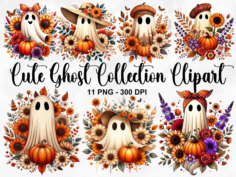 Watercolor Cute Ghost Clipart, 11 PNG Halloween Clipart Bundle, Cute ...