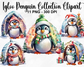 Watercolor Igloo Penguin Collection Clipart, 11 PNG Christmas Penguin Clipart, Cute Penguin Clipart, Christmas Clip Art, Commercial Use