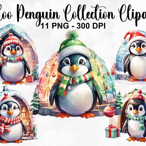 Acuarela Igloo Penguin Collection Clipart, 11 PNG Christmas Penguin Clipart, Lindo Penguin Clipart, Clip Art de Navidad, Uso Comercial